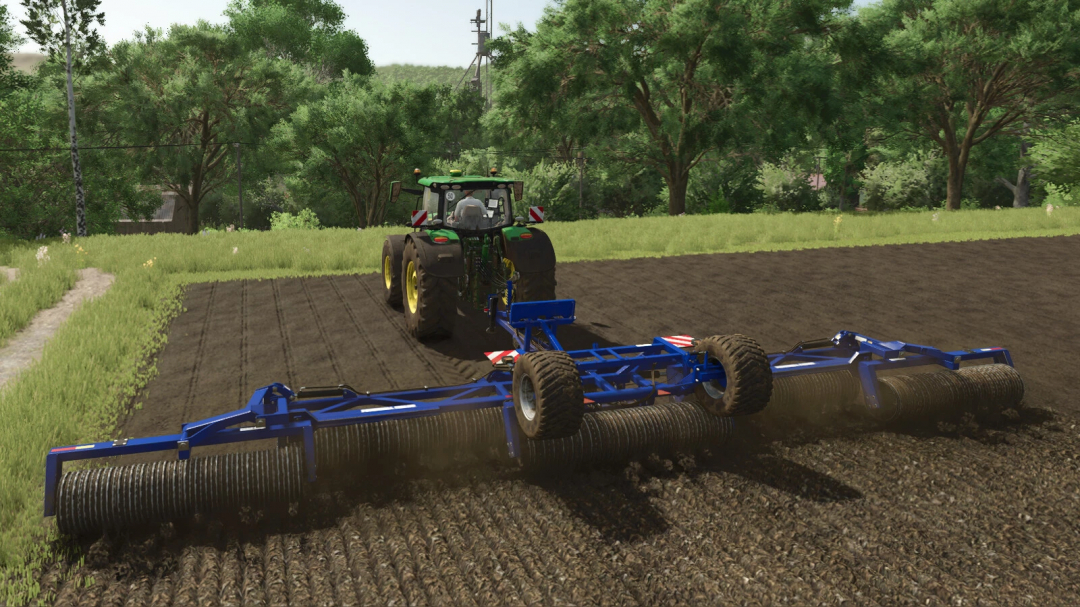 Farming Simulator 25 mod: tractor with Dalbo PowerRoll 1230 v1.0.0.1 for field cultivation and soil preparation.
