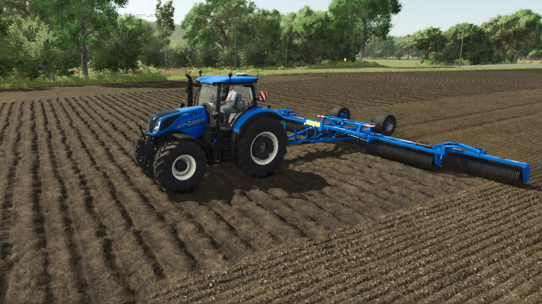 Farming Simulator 25 mod: Blue tractor with Dalbo PowerRoll 1230 v1.0.0.1 for soil cultivation in farming simulation game.