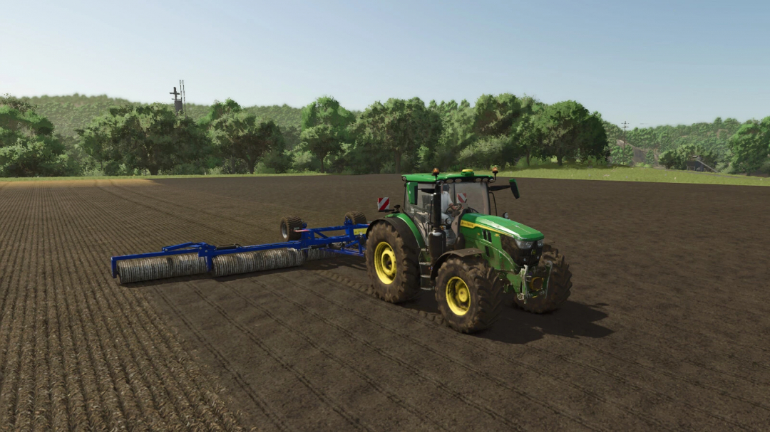 Farming Simulator 25 mod image showing a green tractor with a blue Dalbo PowerRoll 1230 implement on a plowed field.