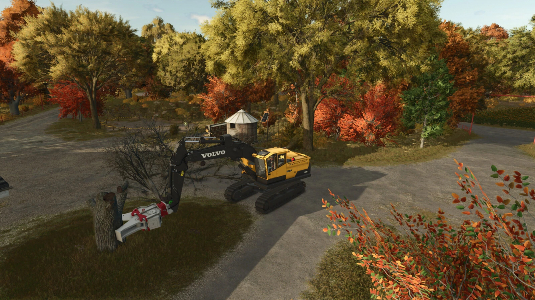 Farming Simulator 25 mod: Volvo excavator pruning a tree in an autumn landscape, part of the Demarec MQP-30 v1.0.0.0 mod.