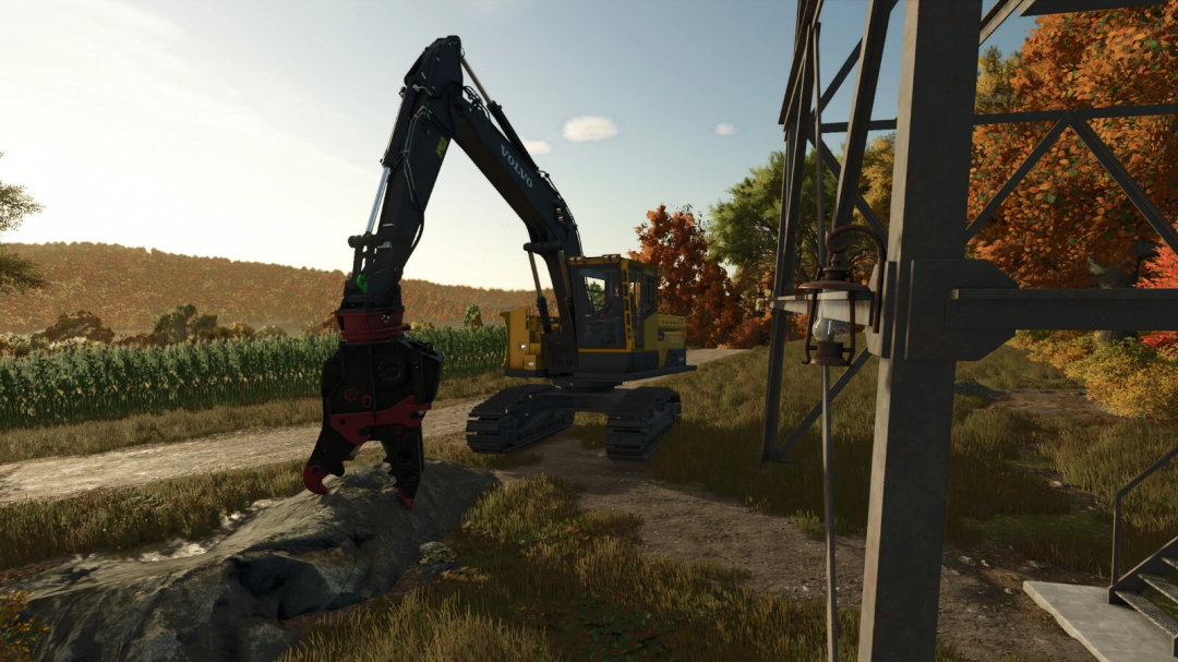 Farming Simulator 25 mod showing a Volvo excavator with Demarec MQP-30 attachment working outdoors near a farm building during autumn.