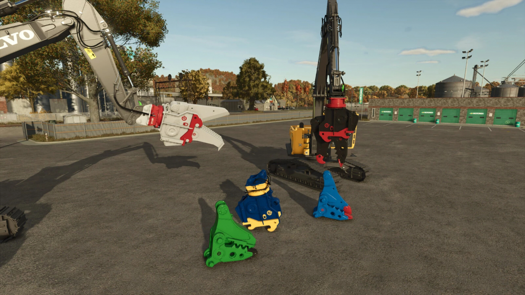 Farming Simulator 25 mods: Demarec MQP-30 multi-purpose excavator attachment, colorful connection parts displayed outdoors.