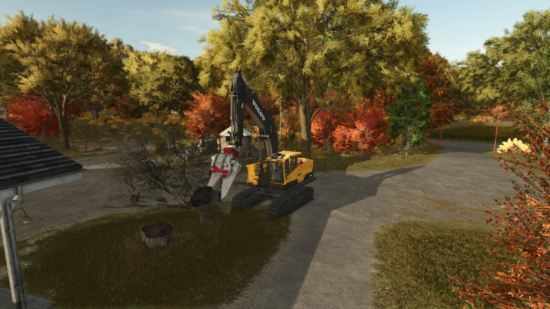 Farming Simulator 25 mod screenshot featuring a Volvo excavator cutting a tree in a park-like setting with autumn foliage.