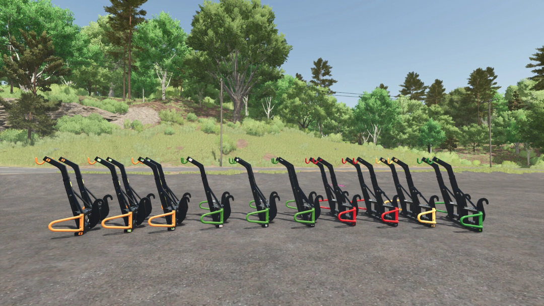 Farming Simulator 25 mods: Double Big Bag Hook for Telescopic Lifter v1.0.0.0, shown with multiple color variants on a farmyard ground.