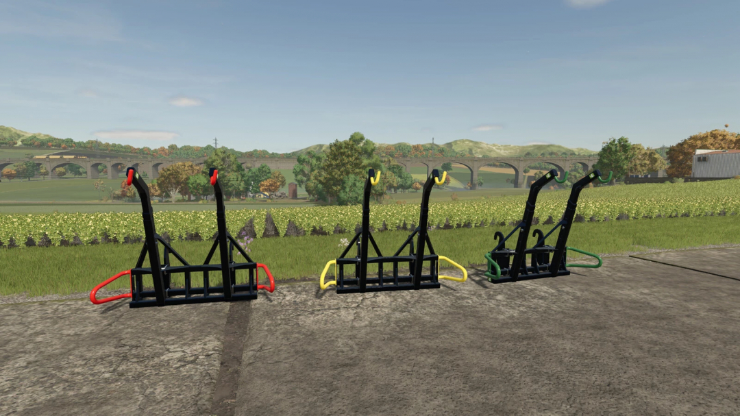 Farming Simulator 25 mods: Double Big Bag Hook for Telescopic Lifter v1.0.0.0, displayed outdoors on a farm with scenic background.