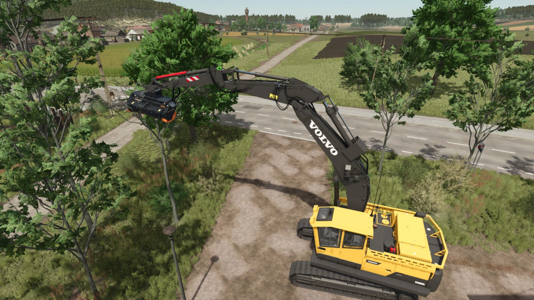 Farming Simulator 25 mod: a yellow Volvo excavator with an extended arm removing trees in the game.