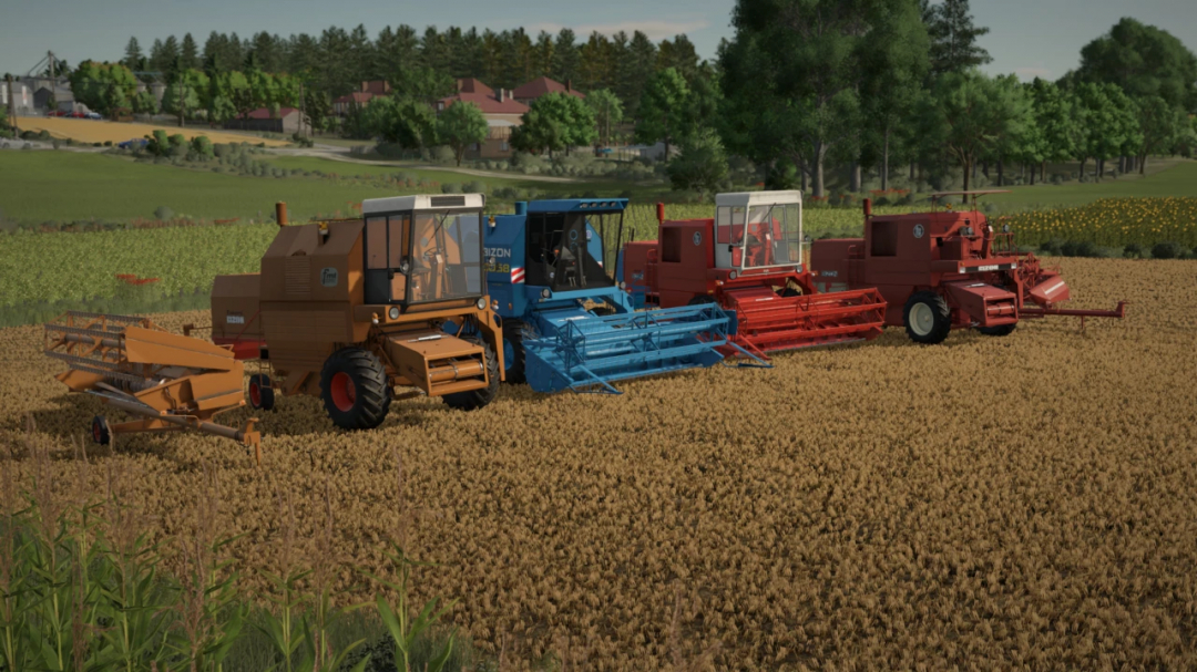 Farming Simulator 25 mods: FS25 Bizon Pack v1.0.0.0 show's collection of harvesters in a field with a background of trees and houses.