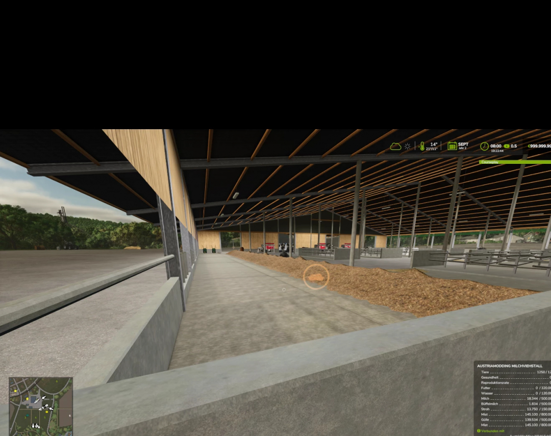 Farming Simulator 25 mod featuring the FS25 DairyBarn AustriaModding v1.0.7.0, with a spacious, modern dairy barn interior in the game.