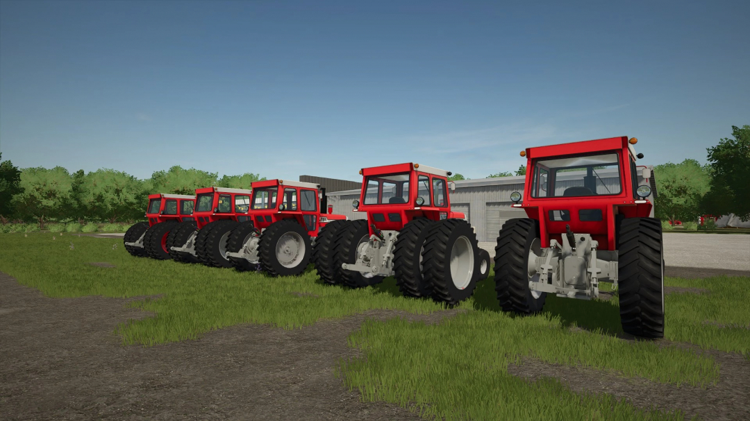 Lineup of red FS25 Massey Ferguson 1155 tractors in Farming Simulator 25 mods on green field.