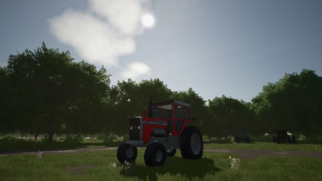 Farming Simulator 25 mod: Red Massey Ferguson 1155 tractor in a grassy field with trees and a sunny sky.