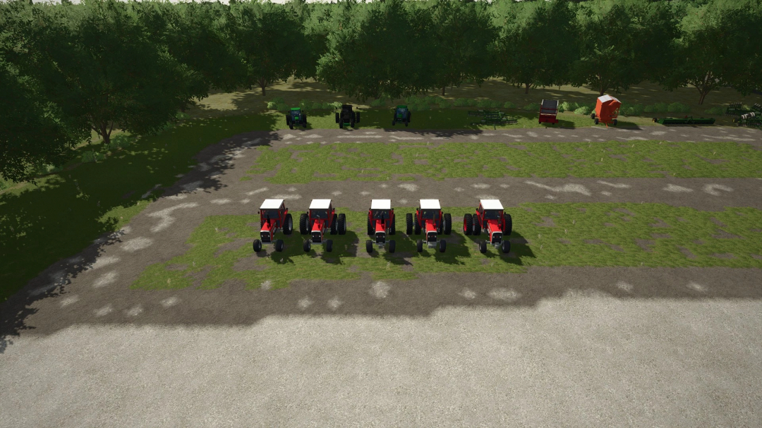 Farm equipment lineup in Farming Simulator 25 with the FS25 Massey Ferguson 1155 mod, including tractors and agricultural machinery.
