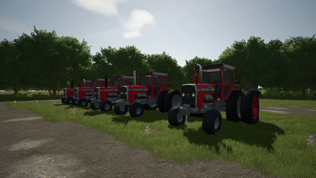 Line of red Massey Ferguson tractors mod from Farming Simulator 25 showcasing FS25 mods.