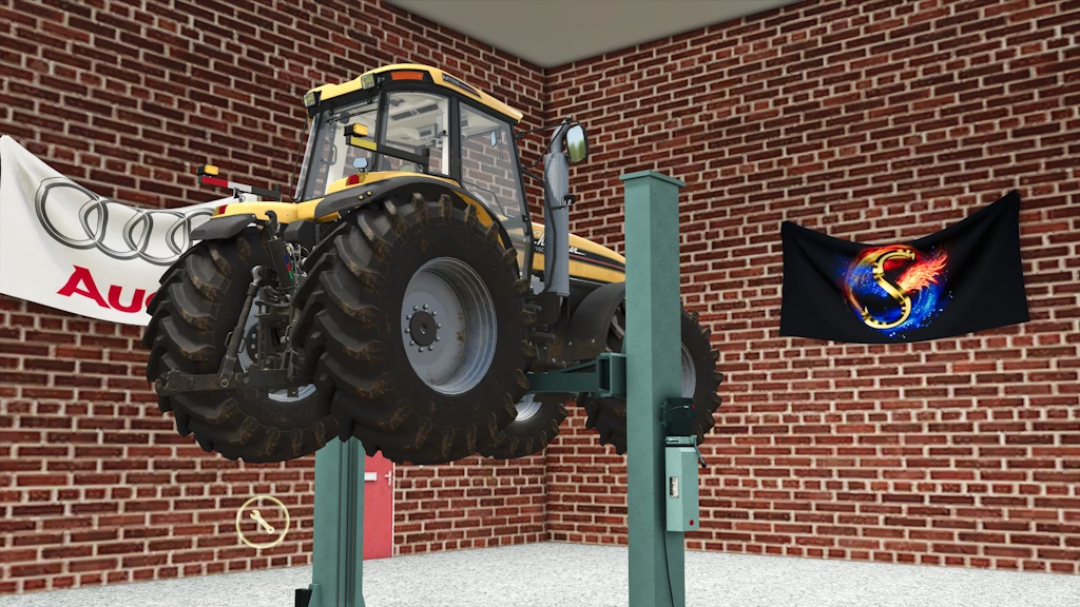 FS25 mods: Farming Simulator 25 mod featuring a yellow tractor on a lift with Audi and gaming-themed banners on brick walls.