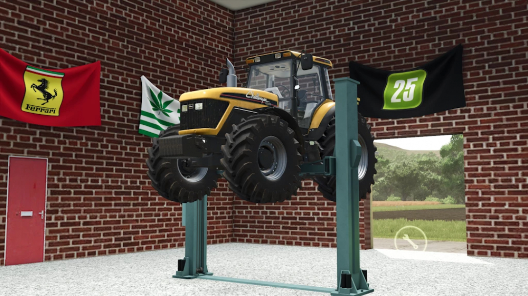 Farming Simulator 25 mods: FS25 Metro Customs v1.0.0.0 tractor displayed on a lift inside a brick workshop with flags.