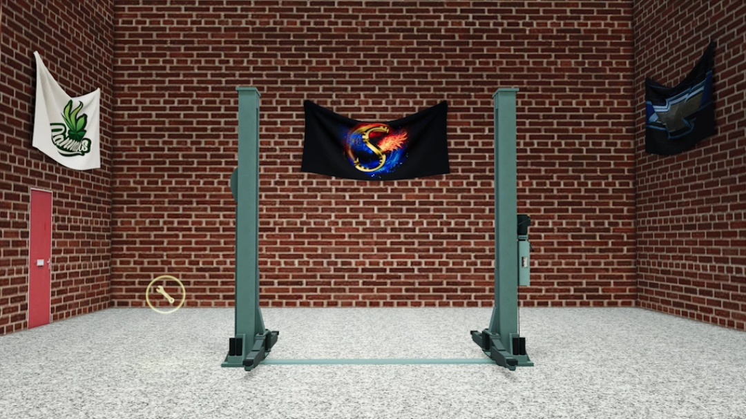 Farming Simulator 25 mods: FS25 Metro Customs v1.0.0.0 garage with flags on brick walls and vehicle lift.