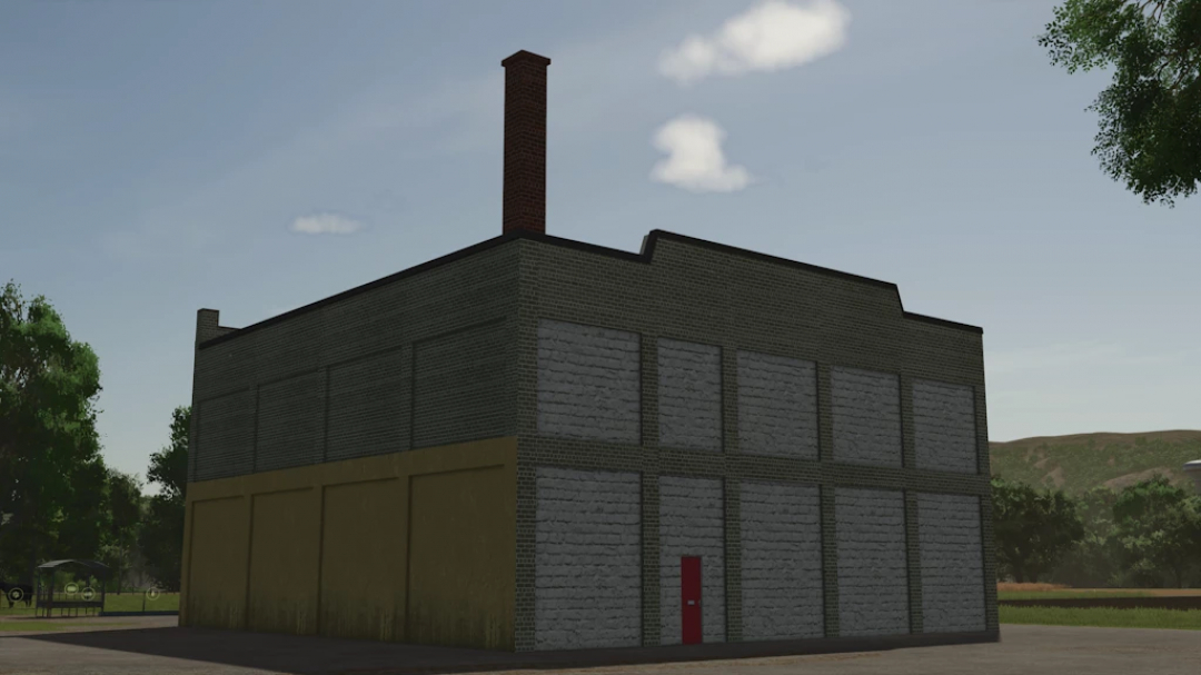 Image of a two-story industrial building with a chimney, part of Farming Simulator 25 mods, possibly a modified factory or warehouse from FS25 Metro Customs v1.0.0.0.