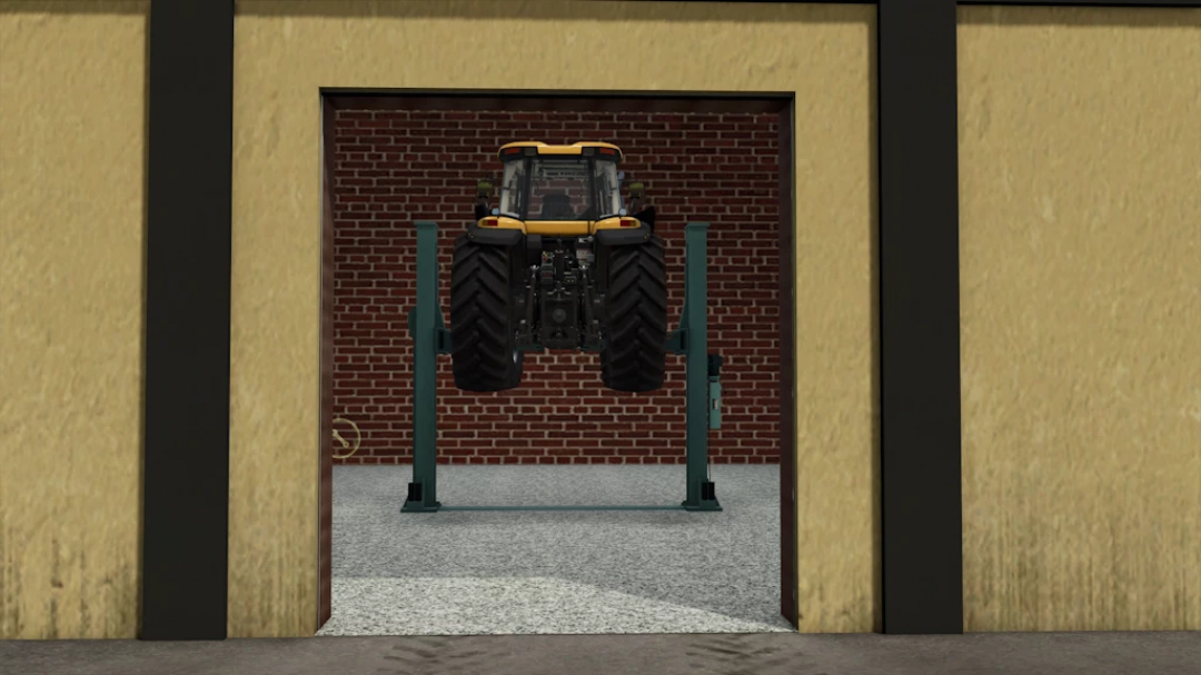 Farming Simulator 25 mod showing a tractor on a lift inside a garage, part of the FS25 Metro Customs v1.0.0.0 mod.