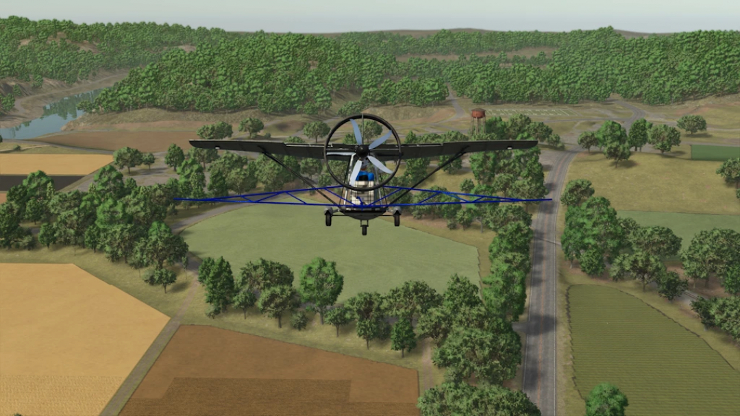 Farming Simulator 25 mod: FS25 ULA 71084 v1.0.0.0 crop sprayer flying over farmland with trees and fields.