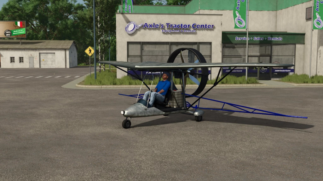 In-game screenshot of a man sitting in a homemade helicopter in Farming Simulator 25, closely resembling a small rotorcraft mod for FS25.