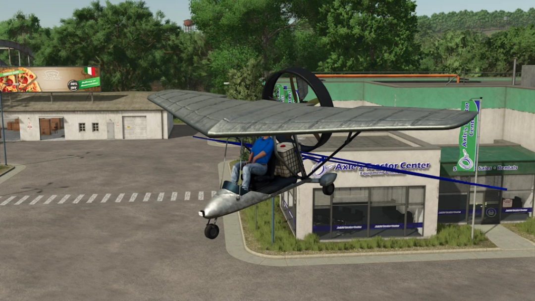 Farming Simulator 25 mod: FS25 ULA 71084 v1.0.0.0, a small flying aircraft with a person pilot, flying over a building labeled Axle's Tractor Center.