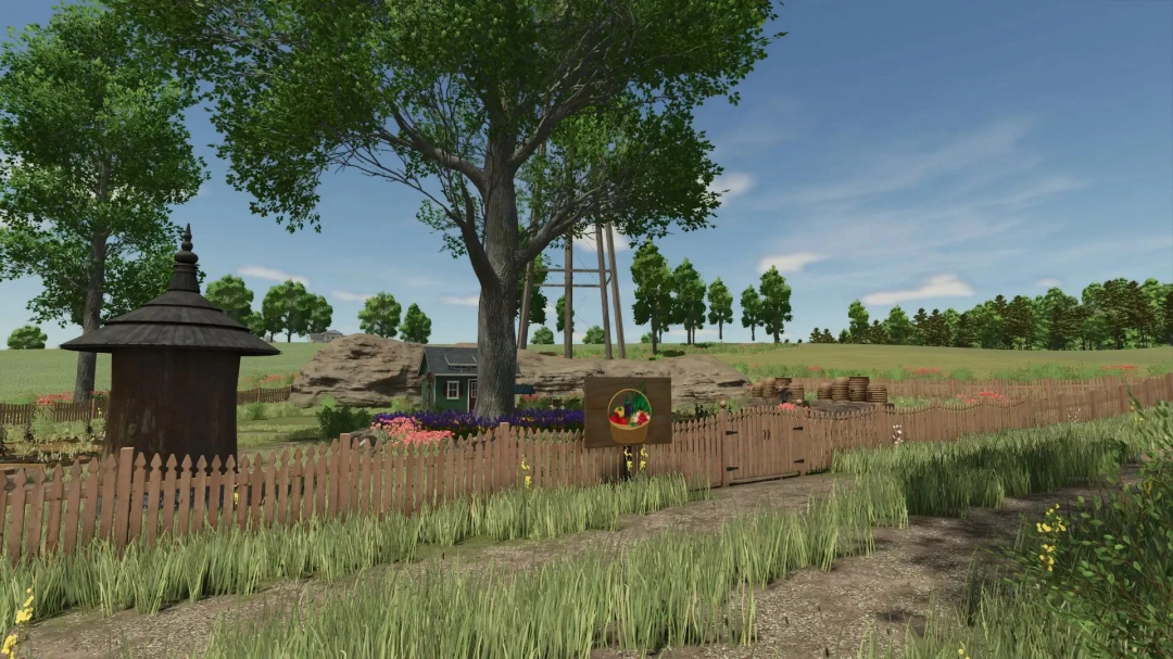 Farming Simulator 25 mod image of a rural scene with a wooden fence, colorful flowers, a small house, and a large tree.