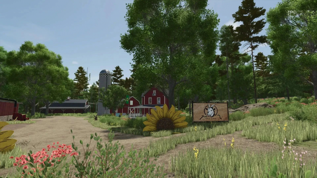 Farming Simulator 25 mod scene with farm buildings, a sunflower decoration, and a sign for Diva Lann on a lush farm setting.