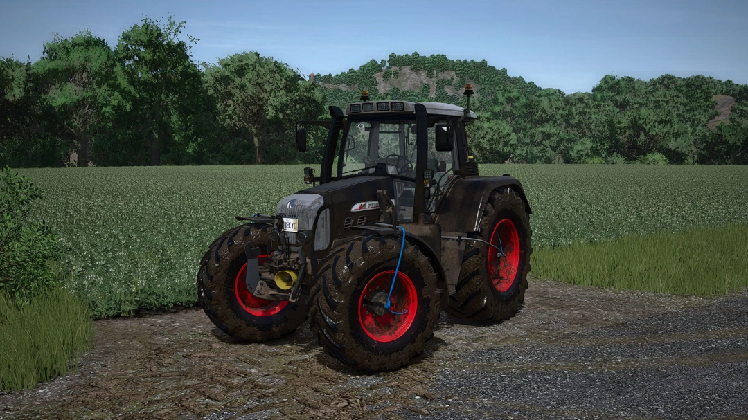 Fendt 700/800 TMS tractor mod in Farming Simulator 25 on a farm field, with detailed tires and machinery setup.