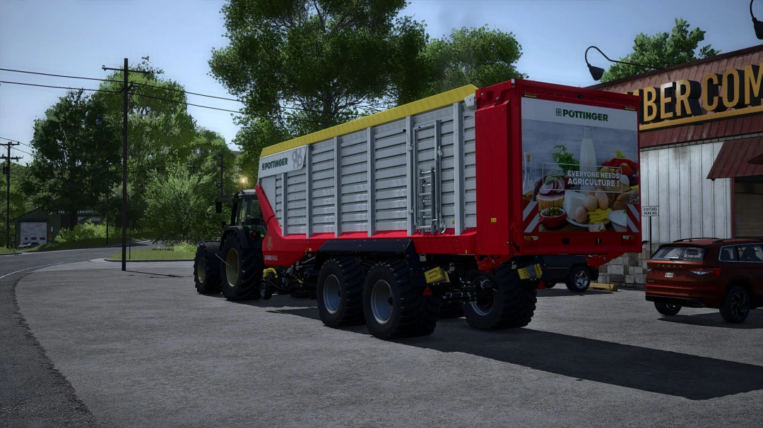 Farming Simulator 25 mod: Pöttinger forage trailer with advertising and detailed textures, designed for agriculture tasks.
