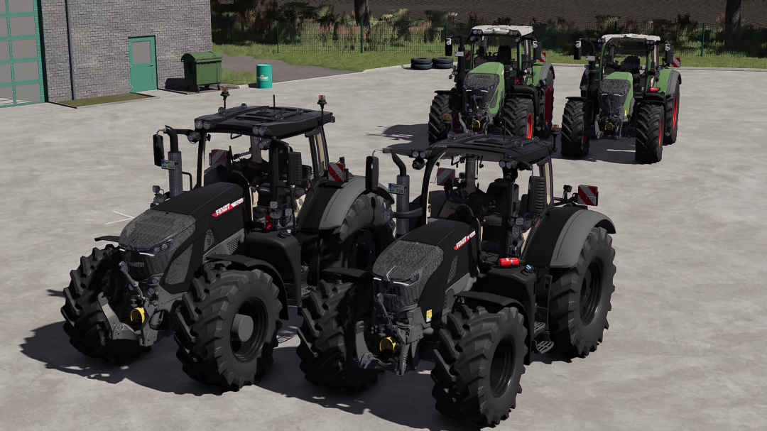 Four Fendt 700 series tractors from FS25 mods in Farming Simulator 25, parked on a farm yard.