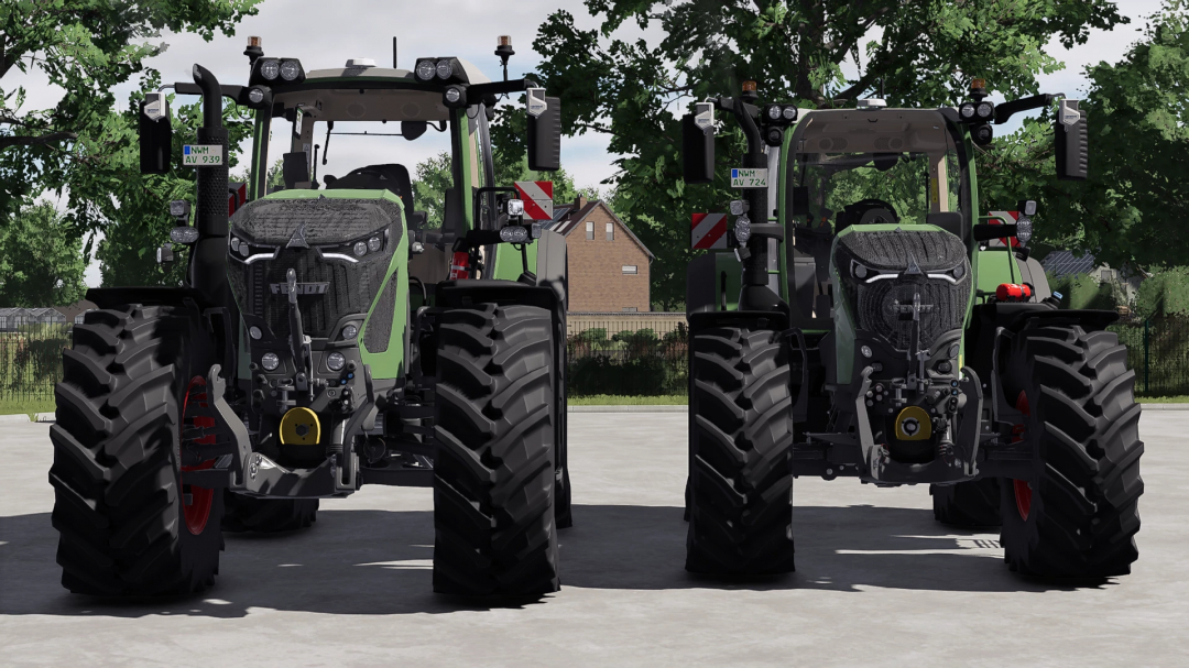 Front view of two Fendt 700 tractors from Farming Simulator 25 mods, parked on a concrete surface with trees and a house in the background.