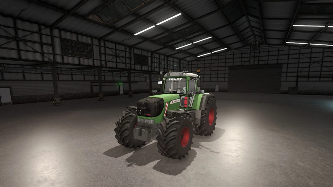Fendt 900 TMS Vario G2 tractor mod for Farming Simulator 25 in a spacious indoor storage.