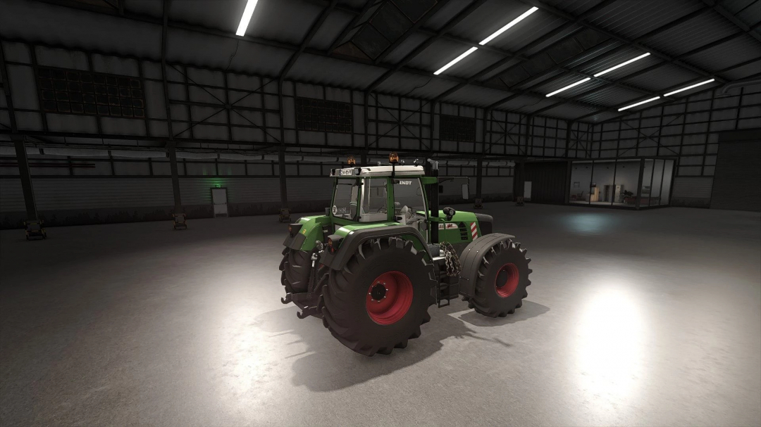 Fendt 900 TMS Vario G2 tractor mod in Farming Simulator 25 inside a spacious warehouse setting.