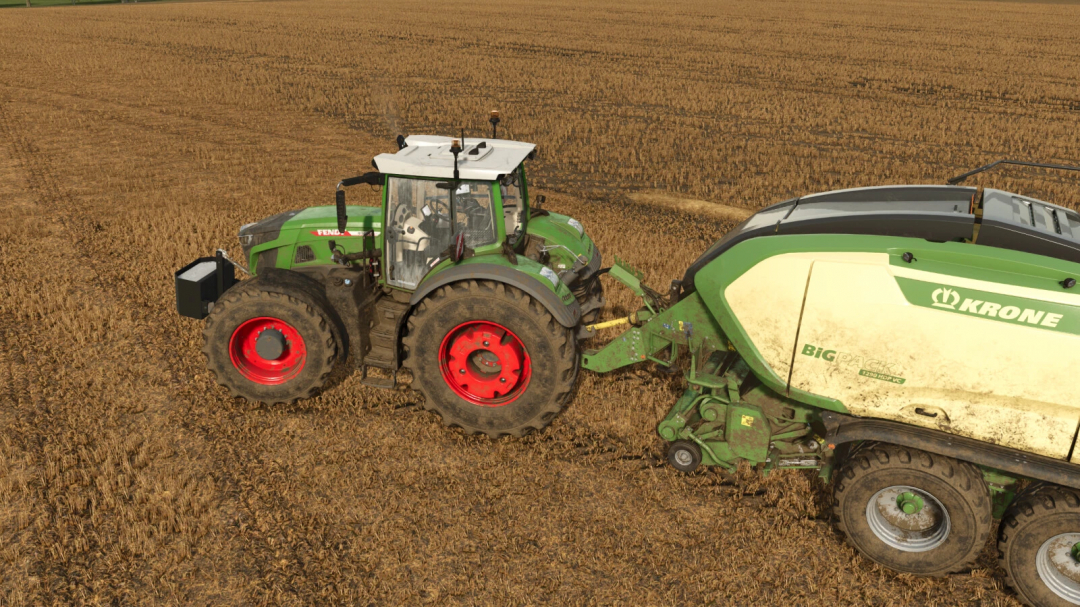 Farming Simulator 25 mod featuring a green Fendt tractor with a KRONE Big Pack baler in a harvested field.