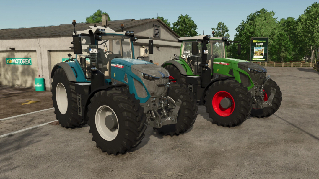 Farming Simulator 25 mods: two Fendt 900 Vario Series tractors parked outside a farm building.