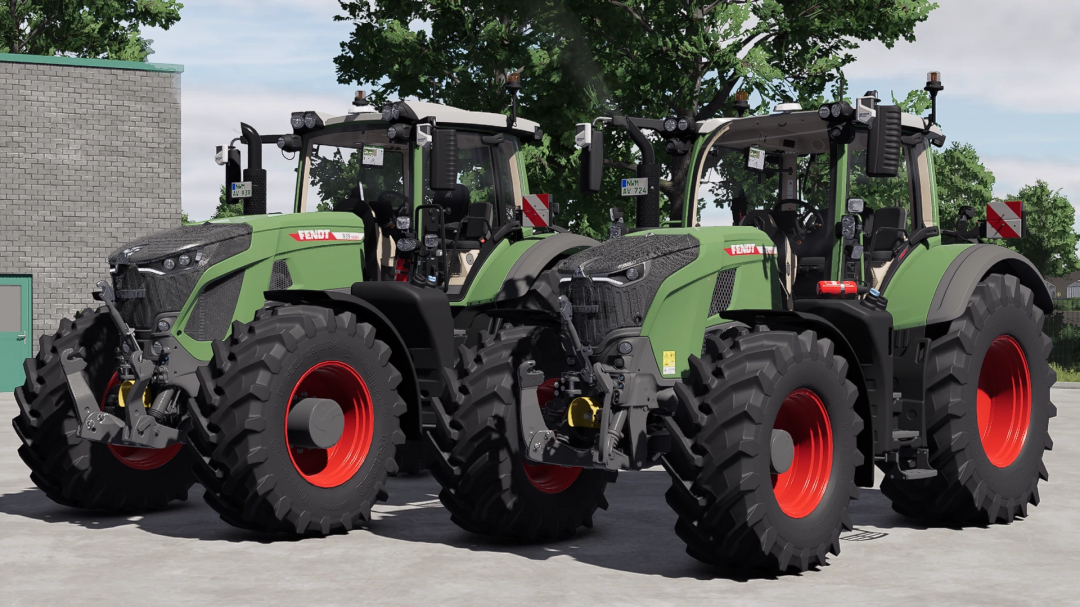 Fendt 900 tractors from FS25 mods in Farming Simulator 25, parked outdoors with green trees and buildings in the background.