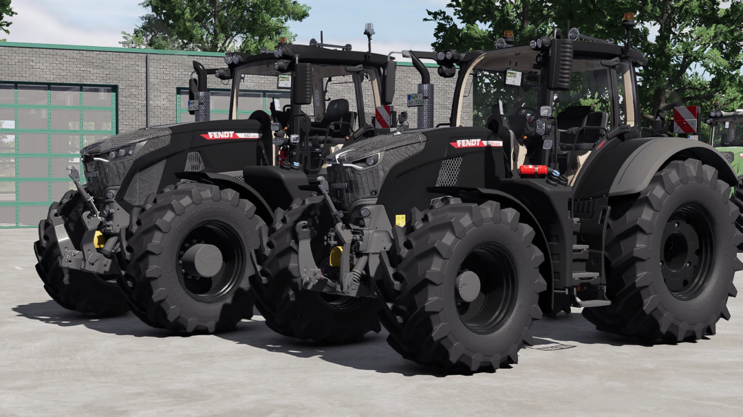 Two Fendt 900 series tractors with large tires and modern design, parked outside on a concrete surface for Farming Simulator 25 mods.