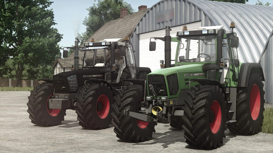 Farming Simulator 25 mods: Two Fendt Favorit 900 Vario tractors parked outside a farm building.
