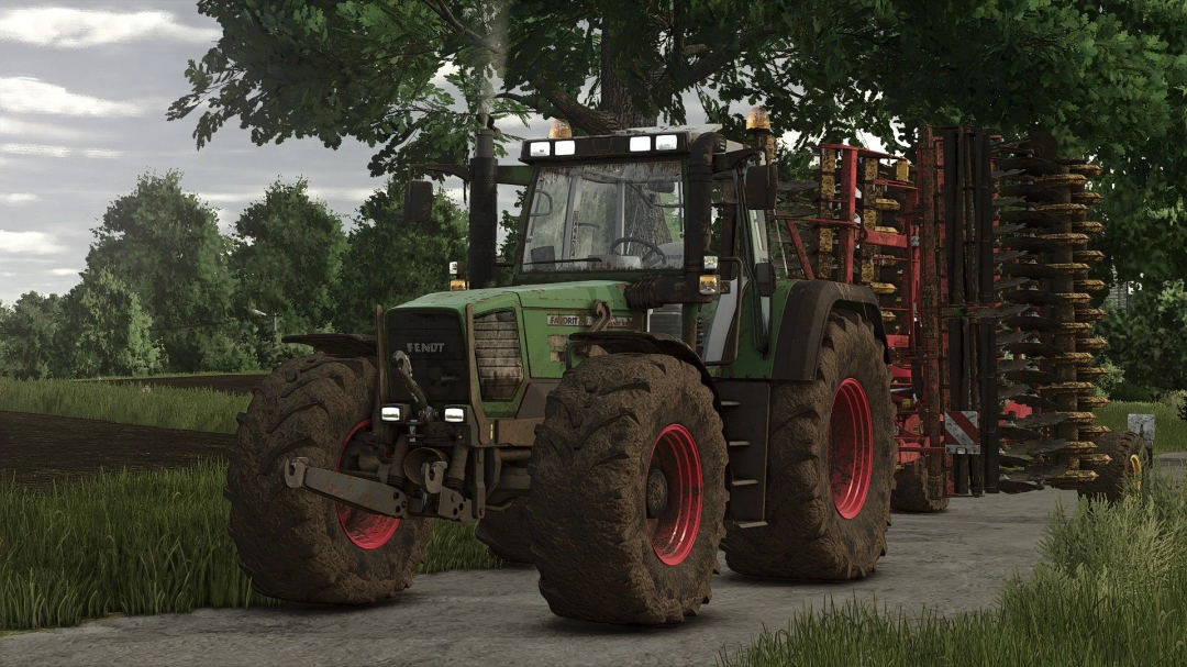 Fendt Favorit 900 Vario tractor with farming equipment in Farming Simulator 25, muddy tires, green foliage, and rural landscape. FS25 mods.
