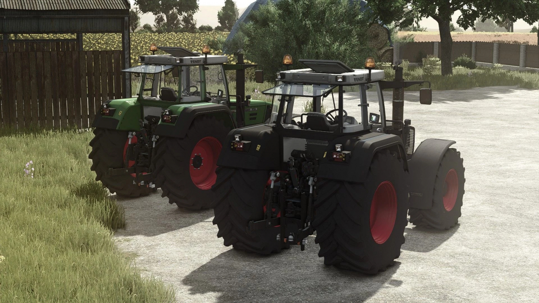 Two Fendt tractors with large tires, black and green colors, parked on a farm dirt road in Farming Simulator 25 with FS25 mods, including Fendt Favorit 900 Vario v1.1.0.0