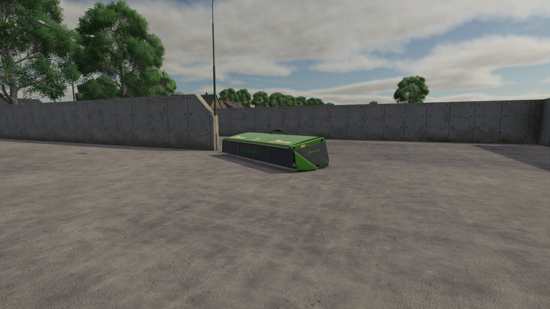 Farming Simulator 25 mod showing a KRONE XDisc 5000 grass harvester attachment on a concrete surface with trees and a wall in the background.