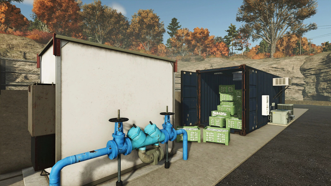 Farming Simulator 25 mods: Fish Farming v1.0.0.1 mod showing a fish farming setup with pipes, crates, and containers for fish in FS25.