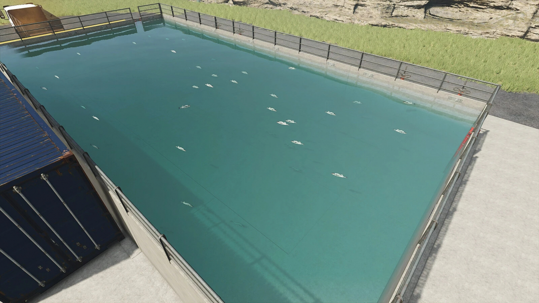 Farming Simulator 25 mod: Fish Farming v1.0.0.1 features a fish pond with multiple fish swimming.