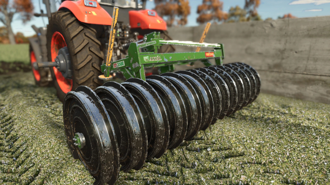 Farm equipment attached to a tractor in Farming Simulator 25, showcasing the Framest SH 3500 v1.0.0.0 mod, used for soil preparation.
