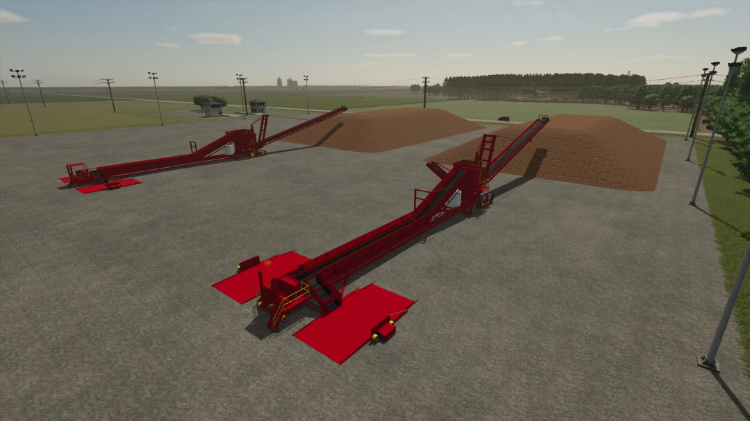 Farming Simulator 25 mods: Two red conveyor machines on a gravel lot with piles of soil, part of the Frankenmuth Farming Map v1.3.0.0.