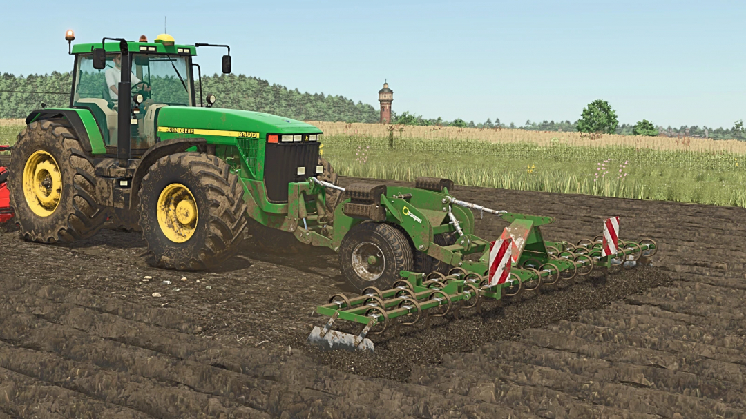 Farming Simulator 25 mod: John Deere tractor with Franquet Tyre Weights attached for improved balance during field work.