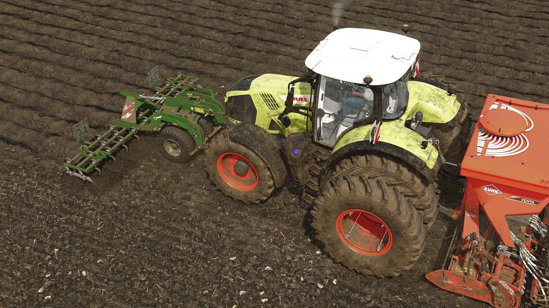 Farming Simulator 25 mod: tractor with soil working implements, including a green cultivator and a red seeder, on a farm field.