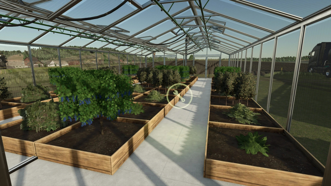 Inside a greenhouse in Farming Simulator 25 with various vegetable and plant crops, part of the Fruit Greenhouse v1.2.0.0 mod.
