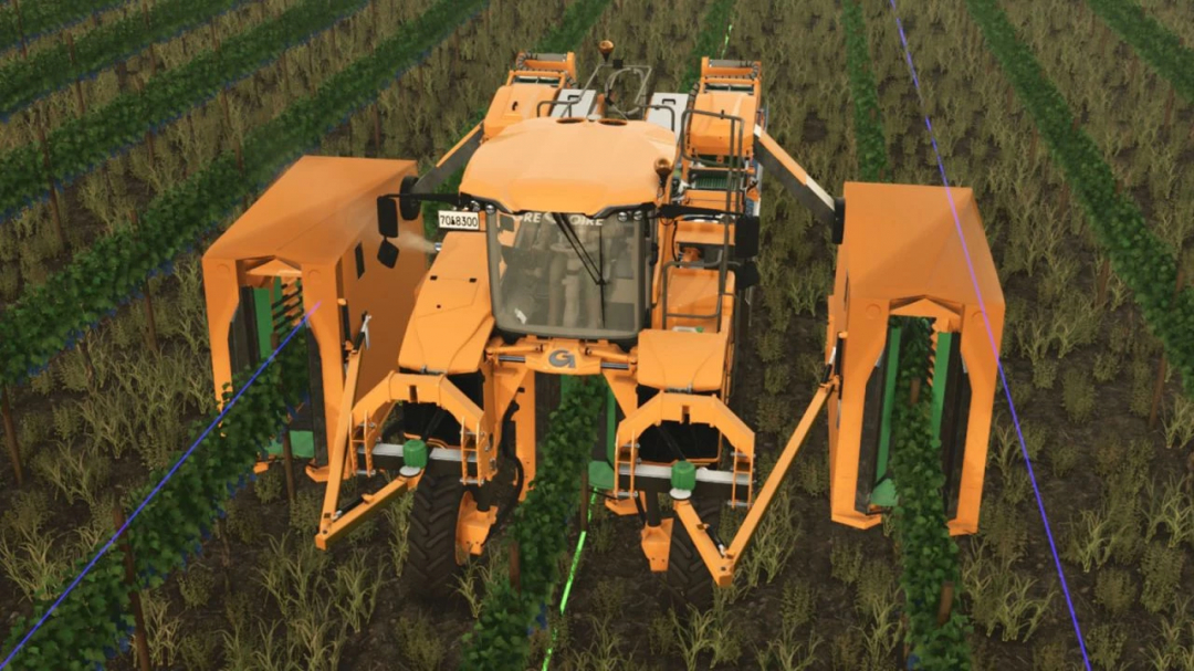 Farming Simulator 25 mods: Orange Gregoire GL86 Pro v1.0.0.0 forage harvester working in a field with green crops.