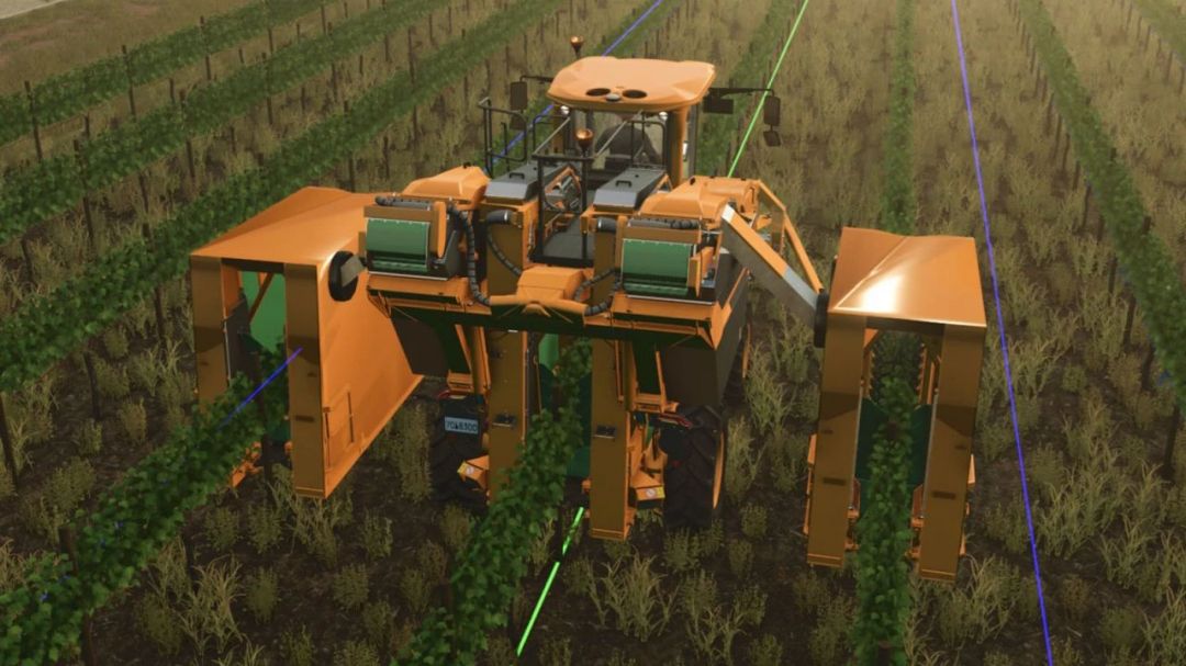 Farming Simulator 25 mod featuring the Gregoire GL86 Pro harvester working in a vineyard.