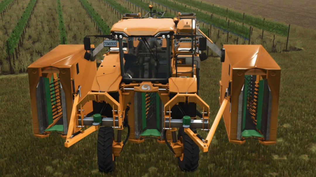 Farming Simulator 25 mod: Gregoire GL86 Pro v1.0.0.0 harvesting machine in a vineyard.